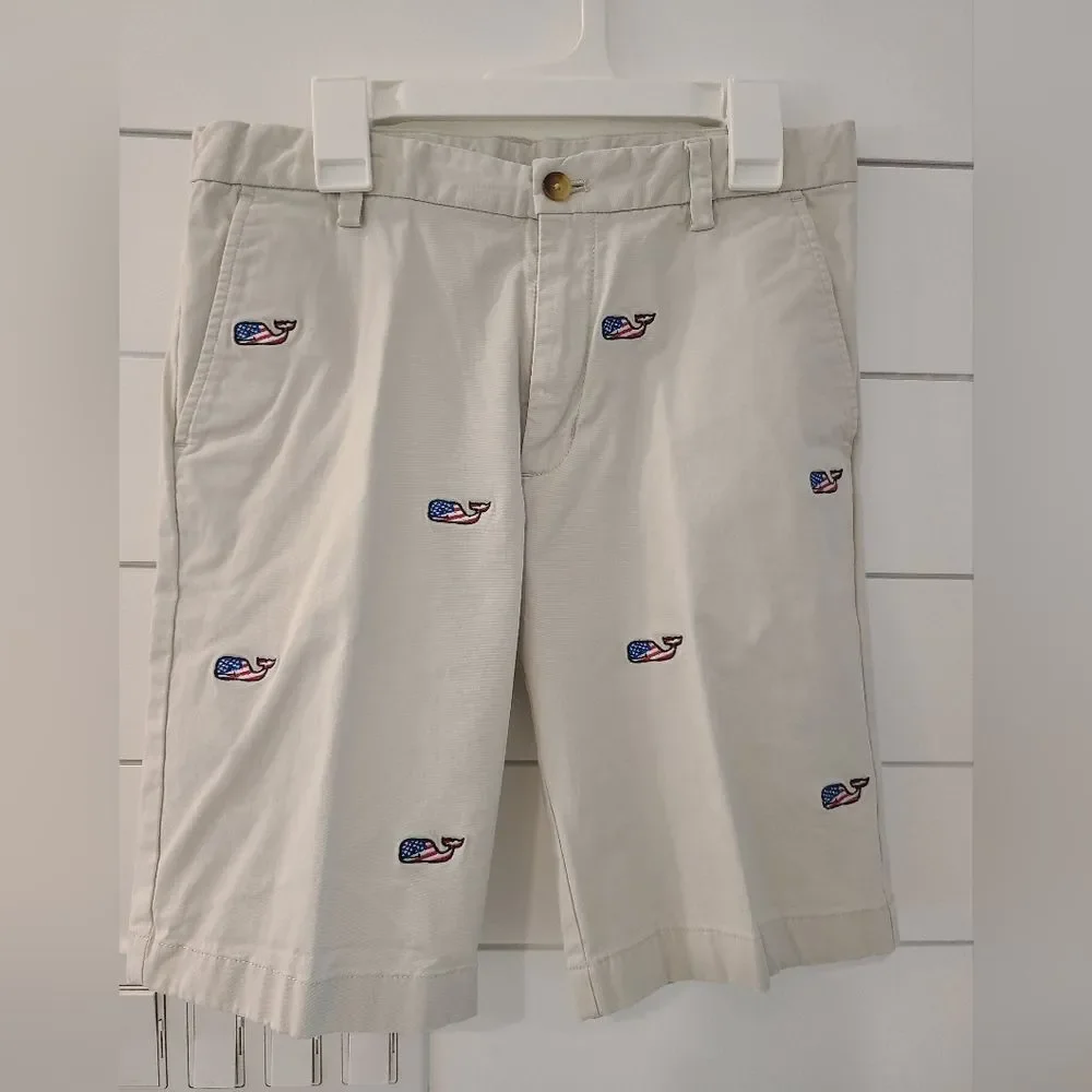 Vineyard Vines Khaki Flat Front Shorts with Whale Embroidery